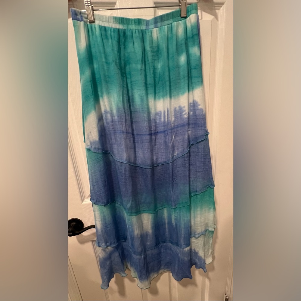Intriguing Threads Women Med Blue Tie Dye Tiered Maxi High Low Skirt Lined Boho